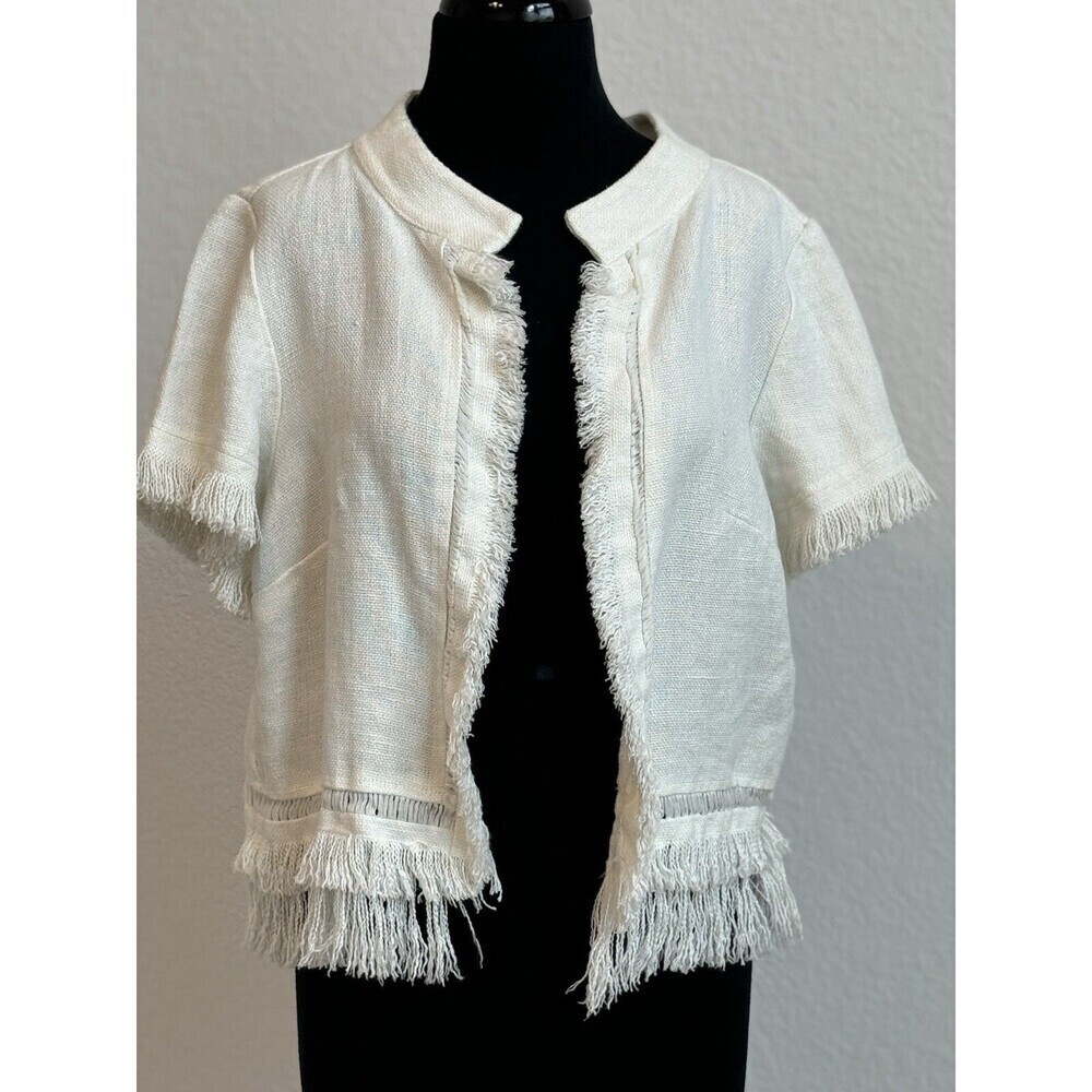 Black Label By Chico’s Linen Fringe Crop Jacket 2 US L/12 Antique White NWT